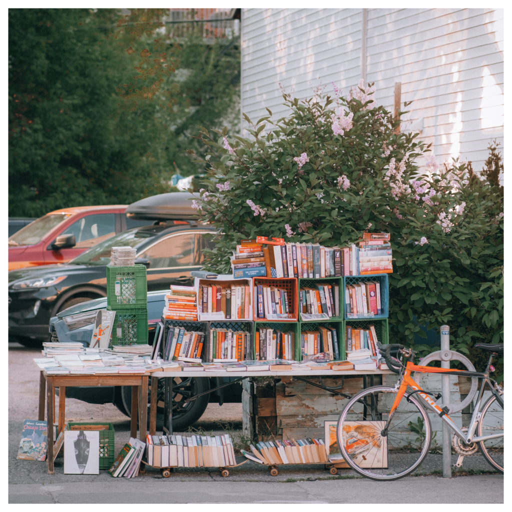 A street corner bookshelf offering a rich assortment of old books