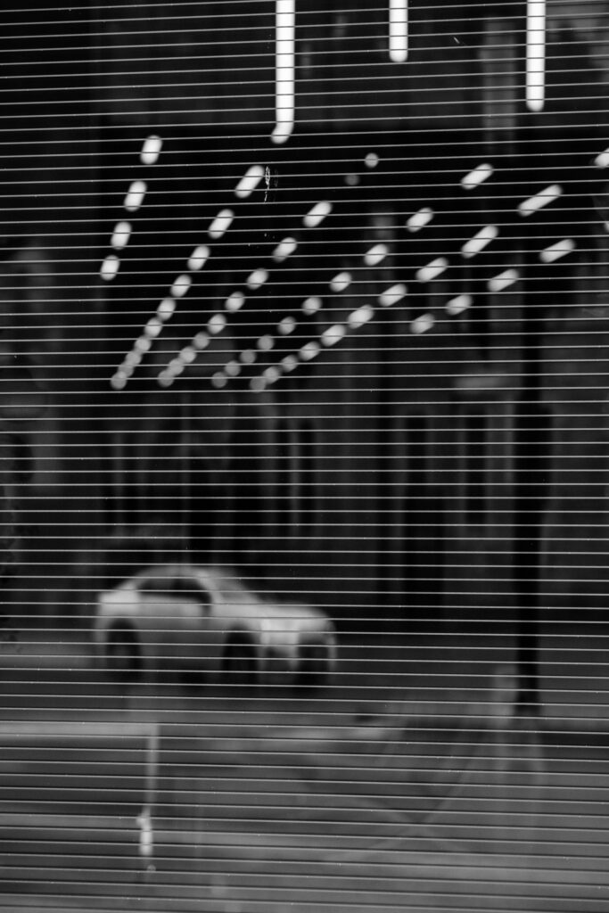 A white car reflected through a glass window adorned with blinds, capturing a serene post-rain moment.